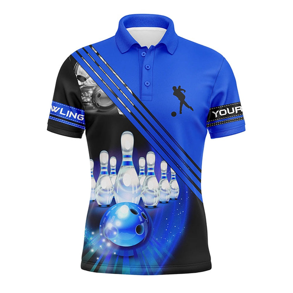 Custom Bowling Polo Shirts, Custom Bowling Shirts For Men Bowling Ball And Pins Team Shirt, Custom Bowling Jerseys Blue