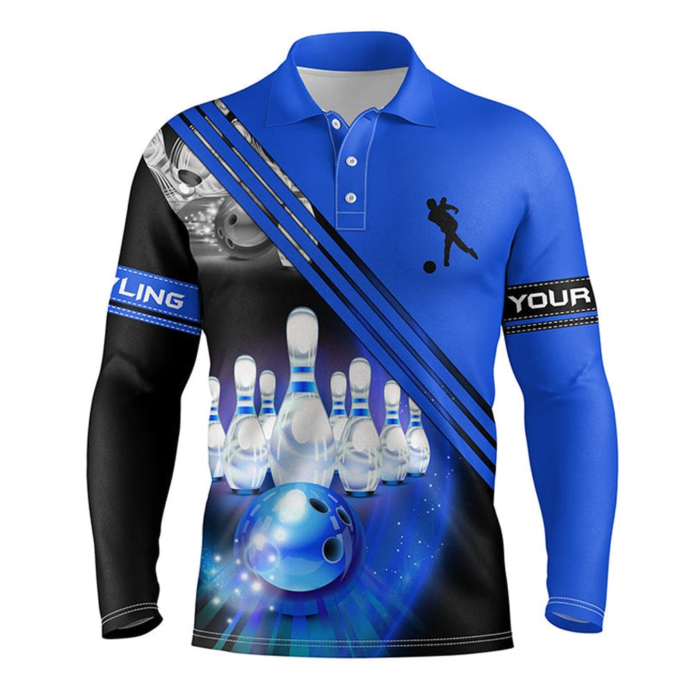 Custom Bowling Polo Shirts, Custom Bowling Shirts For Men Bowling Ball And Pins Team Shirt, Custom Bowling Jerseys Blue