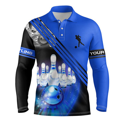Custom Bowling Polo Shirts, Custom Bowling Shirts For Men Bowling Ball And Pins Team Shirt, Custom Bowling Jerseys Blue