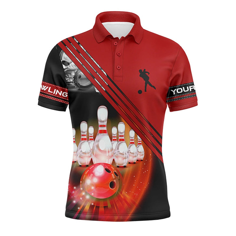 Custom Bowling Polo Shirts, Custom Bowling Shirts For Men Bowling Ball And Pins Team Shirt, Custom Bowling Jerseys Red