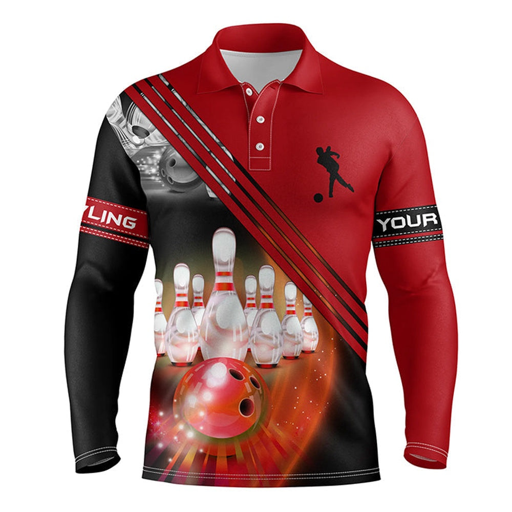 Custom Bowling Polo Shirts, Custom Bowling Shirts For Men Bowling Ball And Pins Team Shirt, Custom Bowling Jerseys Red