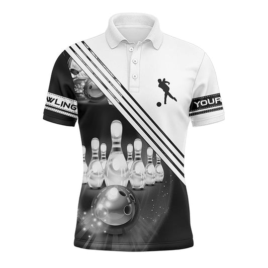 Custom Bowling Polo Shirts, Custom Bowling Shirts For Men Bowling Ball And Pins Team Shirt, Custom Bowling Jerseys White