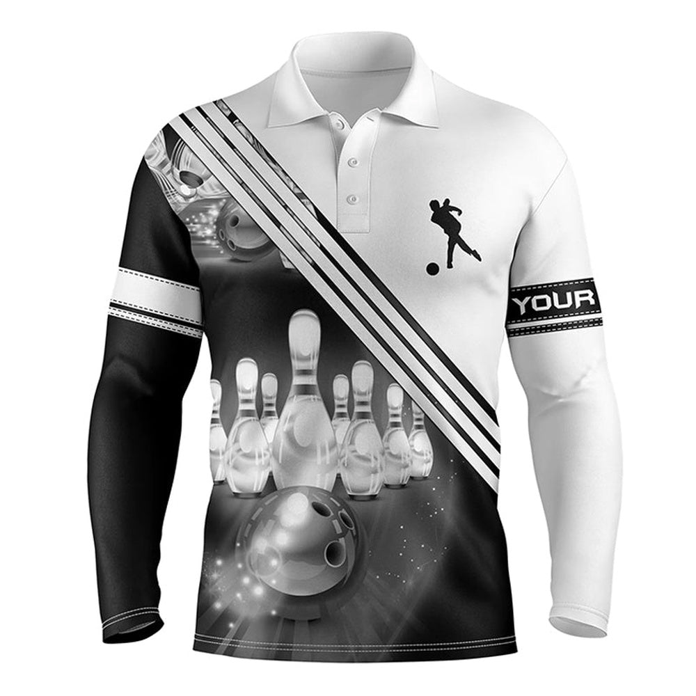 Custom Bowling Polo Shirts, Custom Bowling Shirts For Men Bowling Ball And Pins Team Shirt, Custom Bowling Jerseys White