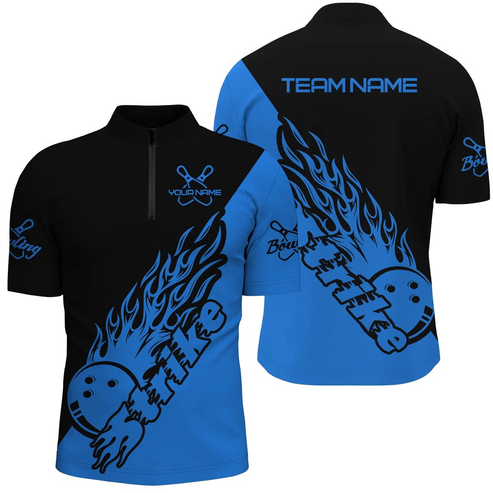 Custom Bowling Polo Shirts, Custom Bowling Shirts For Men, Bowling Team Shirts Bowling Strike Black And Blue