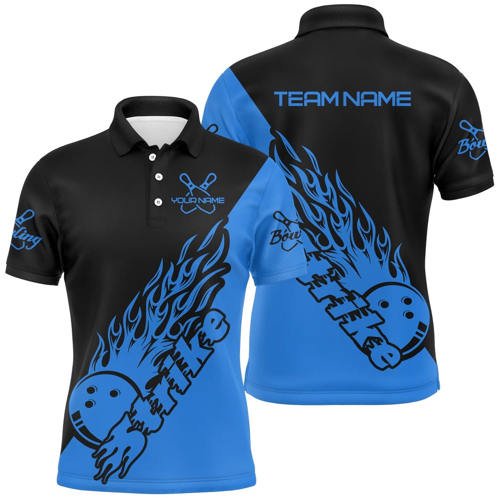 Custom Bowling Polo Shirts, Custom Bowling Shirts For Men, Bowling Team Shirts Bowling Strike Black And Blue