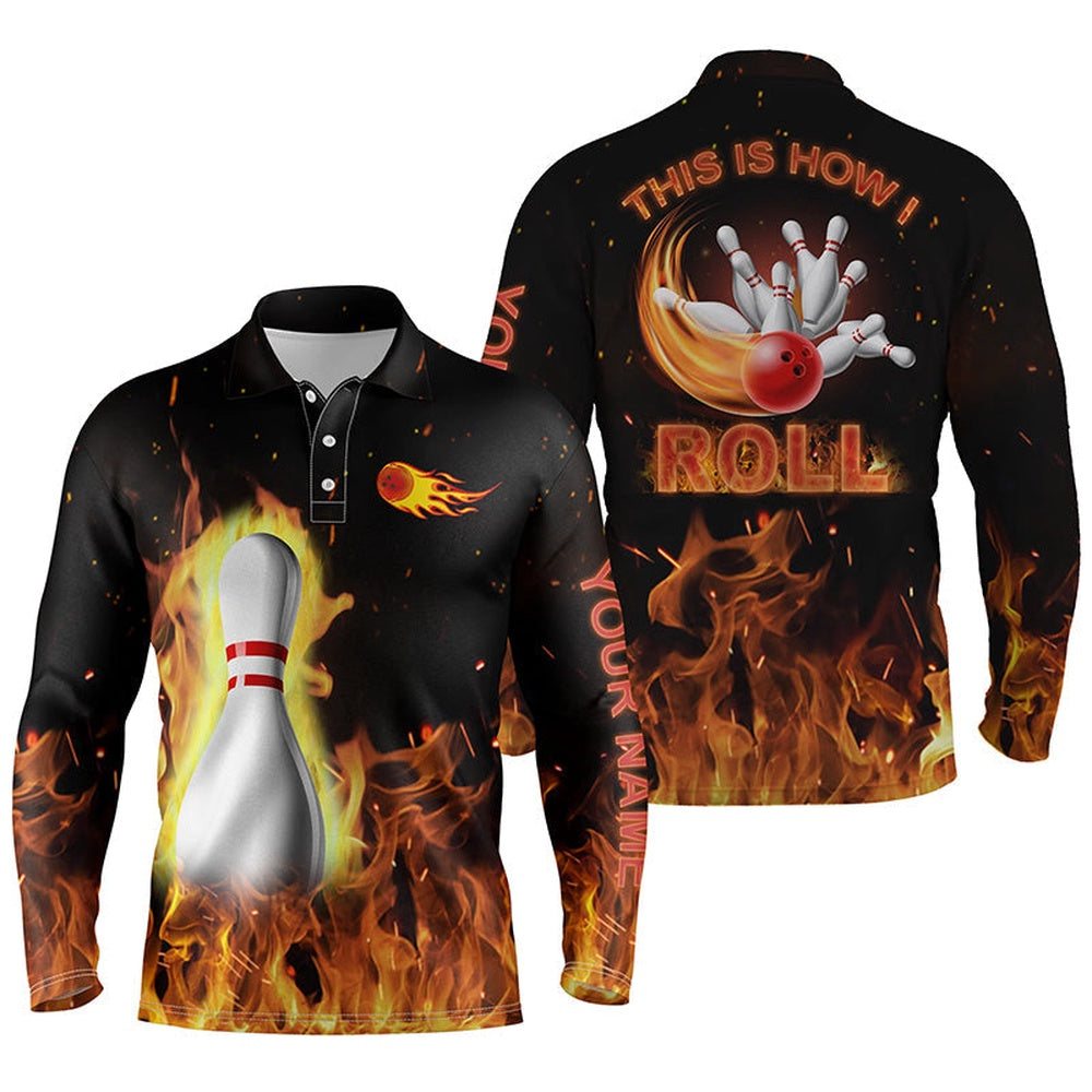 Custom Bowling Polo Shirts, Custom Bowling Shirts For Men This Is How I Roll, Black Flame Bowling Shirt, Custom Bowling Jerseys