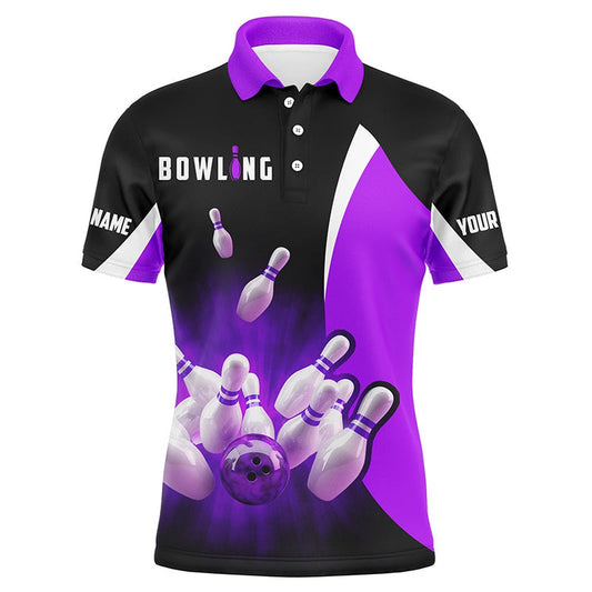 Custom Bowling Polo Shirts, Custom Bowling Shirts Retro Black And Purple Bowling Polo Shirts For Men, Bowling Team Jersey