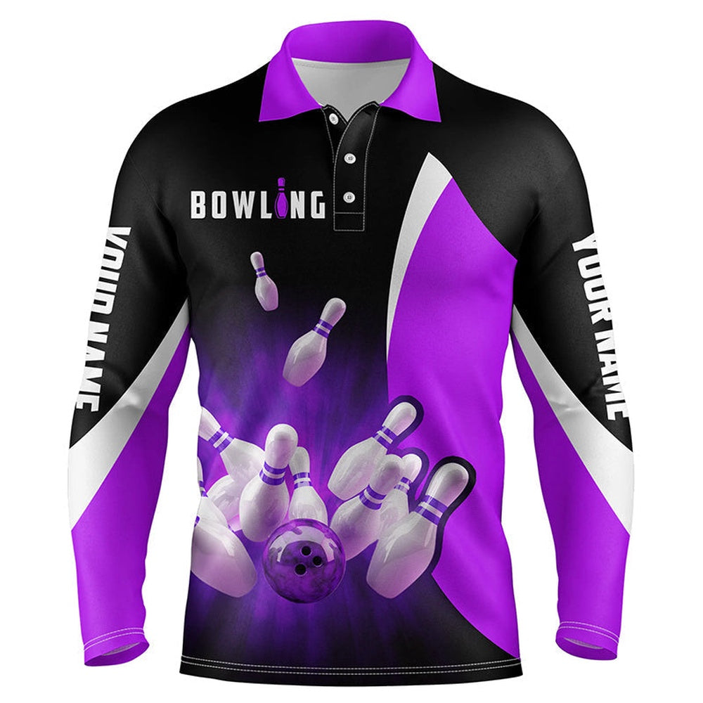 Custom Bowling Polo Shirts, Custom Bowling Shirts Retro Black And Purple Bowling Polo Shirts For Men, Bowling Team Jersey