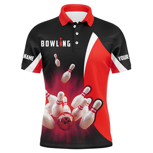 Custom Bowling Polo Shirts, Custom Bowling Shirts Retro Black And Red Bowling Polo Shirts For Men, Bowling Team Jersey