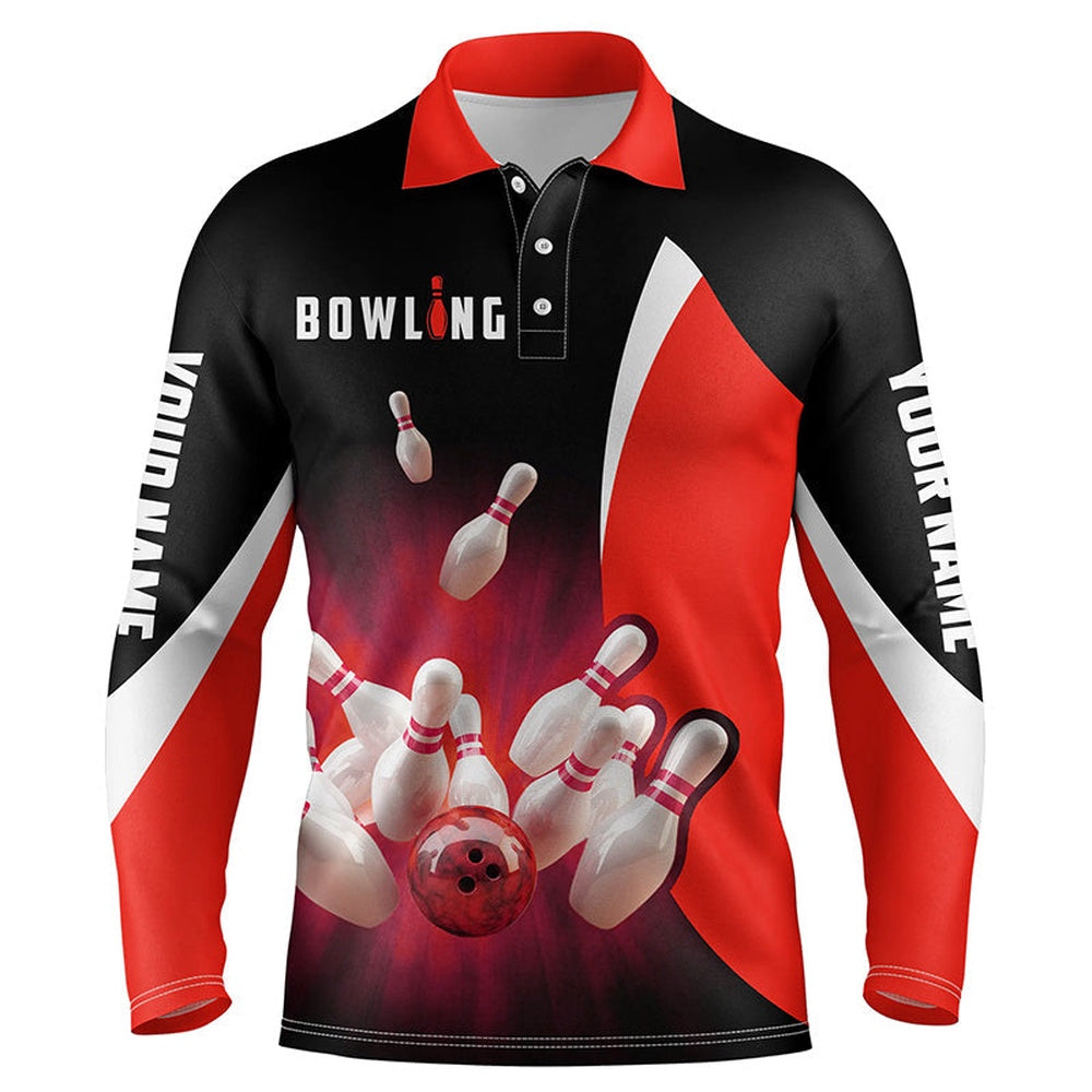 Custom Bowling Polo Shirts, Custom Bowling Shirts Retro Black And Red Bowling Polo Shirts For Men, Bowling Team Jersey