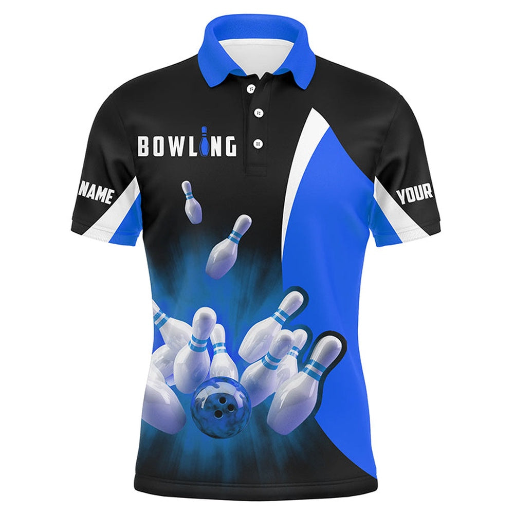 Custom Bowling Polo Shirts, Custom Bowling Shirts Retro Black Blue Bowling Polo Shirts For Men, Bowling Team Jersey