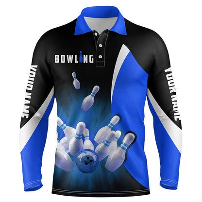 Custom Bowling Polo Shirts, Custom Bowling Shirts Retro Black Blue Bowling Polo Shirts For Men, Bowling Team Jersey