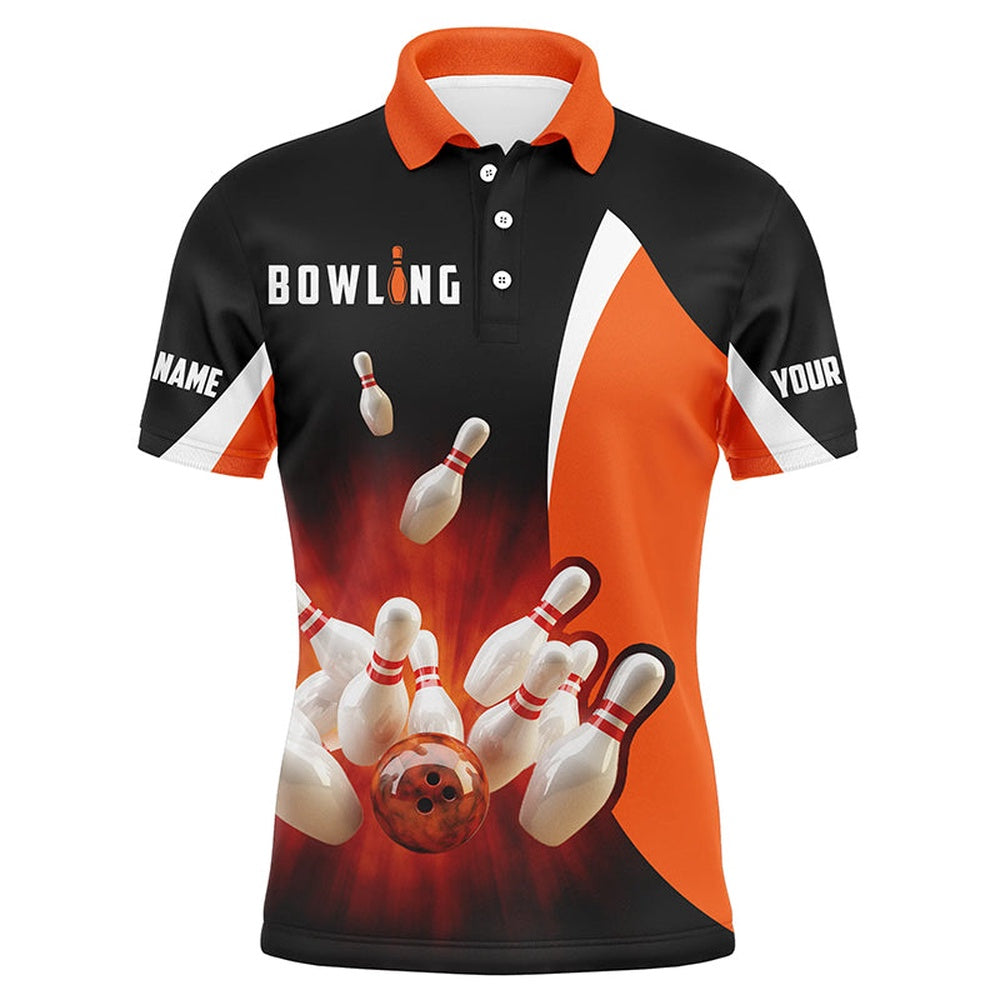 Custom Bowling Polo Shirts, Custom Bowling Shirts Retro Black Orange Bowling Polo Shirts For Men, Bowling Team Jersey