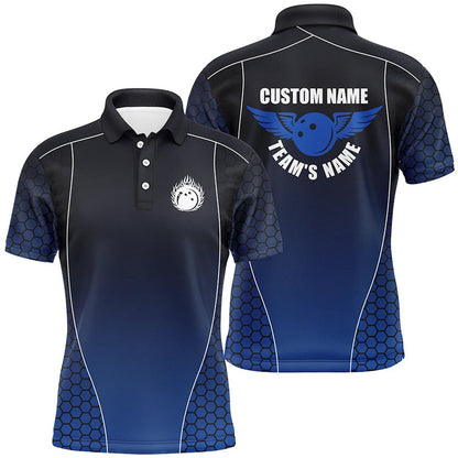 Custom Bowling Polo Shirts, Custom Bowling Shirts With Names For Men, Flaming Bowling Ball Bowling Team Shirts Blue