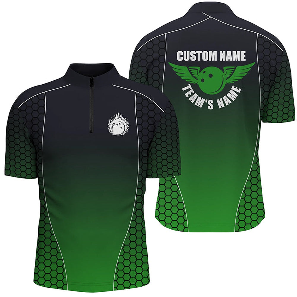Custom Bowling Polo Shirts, Custom Bowling Shirts With Names For Men, Flaming Bowling Ball Bowling Team Shirts Green