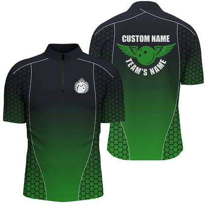 Custom Bowling Polo Shirts, Custom Bowling Shirts With Names For Men, Flaming Bowling Ball Bowling Team Shirts Green