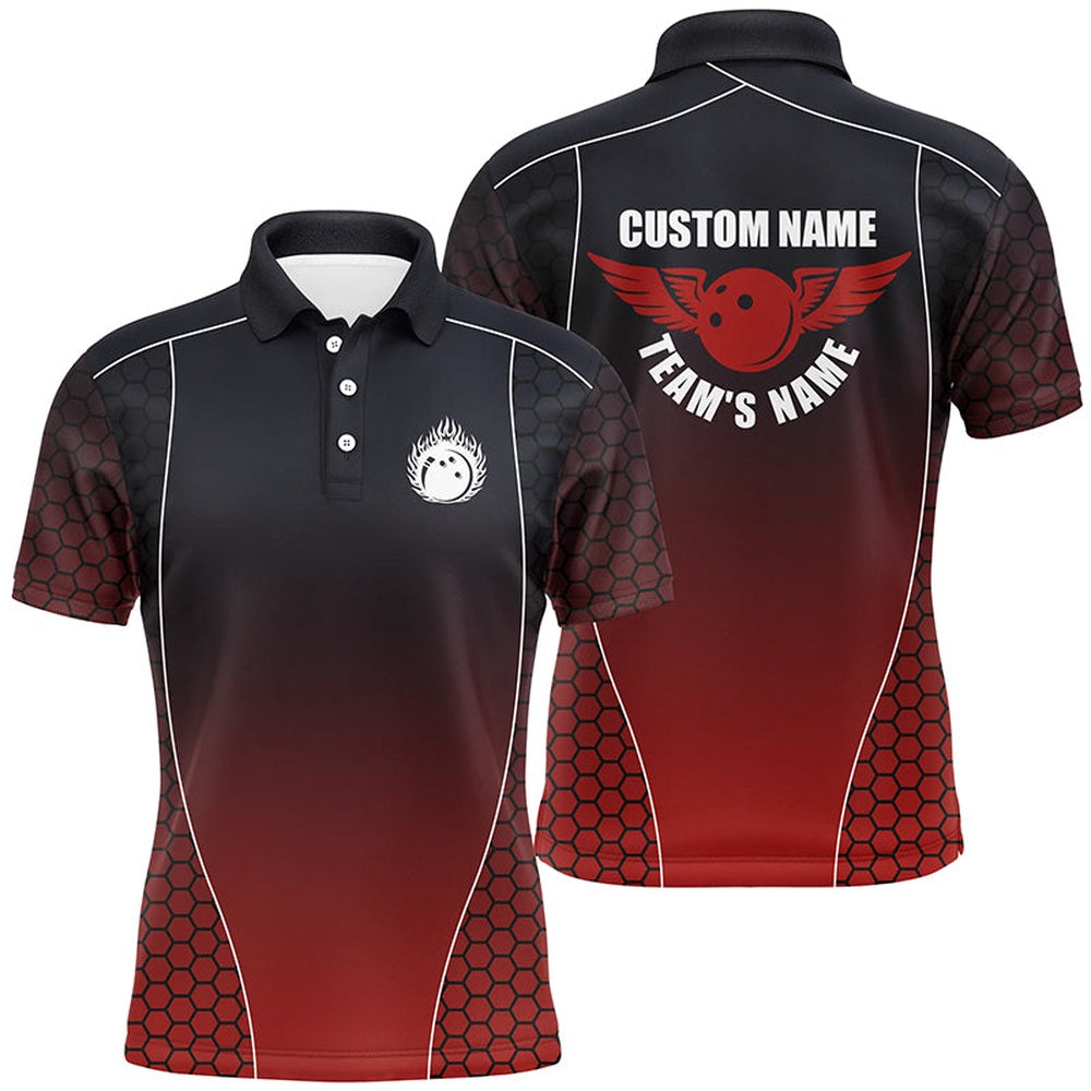 Custom Bowling Polo Shirts, Custom Bowling Shirts With Names For Men, Flaming Bowling Ball Bowling Team Shirts Red