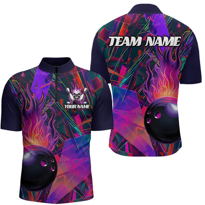 Custom Bowling Polo Shirts, Custom Colorful Bowling League Shirts For Men And Women, Flame Bowling Ball Jerseys