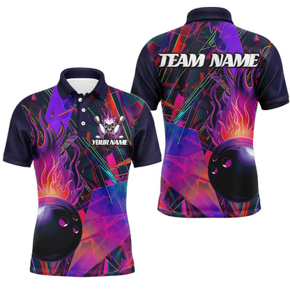 Custom Bowling Polo Shirts, Custom Colorful Bowling League Shirts For Men And Women, Flame Bowling Ball Jerseys