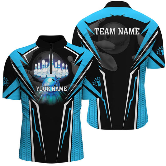 Custom Bowling Polo Shirts, Custom Cyan Blue Bowling Polo Shirts For Men, Strike Bowling Team Jerseys Bowlers Outfits