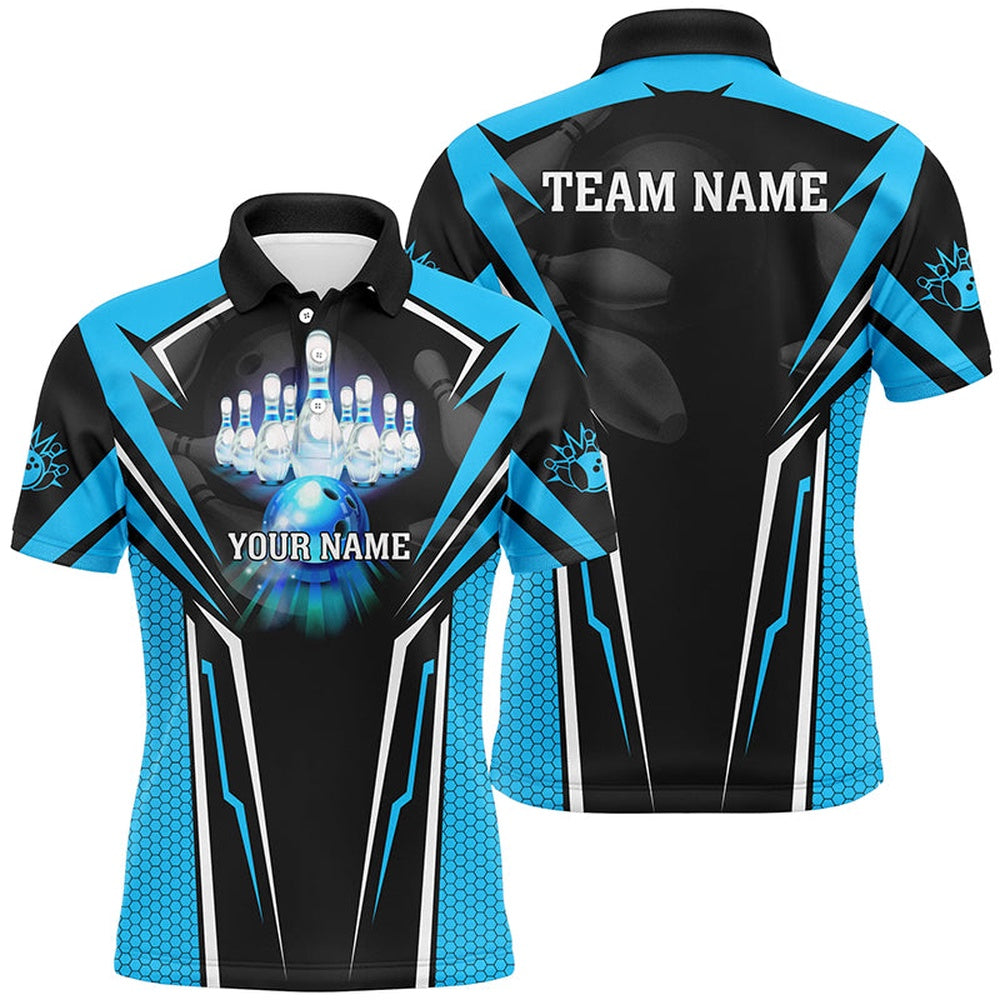 Custom Bowling Polo Shirts, Custom Cyan Blue Bowling Polo Shirts For Men, Strike Bowling Team Jerseys Bowlers Outfits
