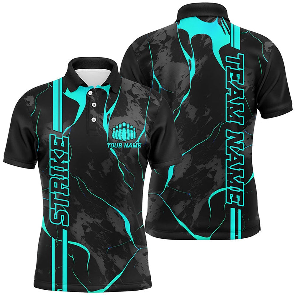 Custom Bowling Polo Shirts, Custom Cyan Blue Strike Bowling Shirts Men Polo Blue Camo Bowling Team Jerseys Bowling League