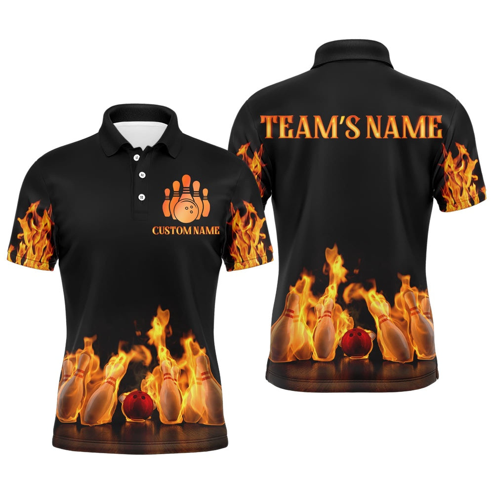 Custom Bowling Polo Shirts, Custom Fire Bowling Shirt For Men, Flames Bowling Jersey With Name League Bowling Team Polo Shirt