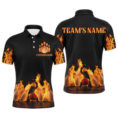Custom Bowling Polo Shirts, Custom Fire Bowling Shirt For Men, Flames Bowling Jersey With Name League Bowling Team Polo Shirt