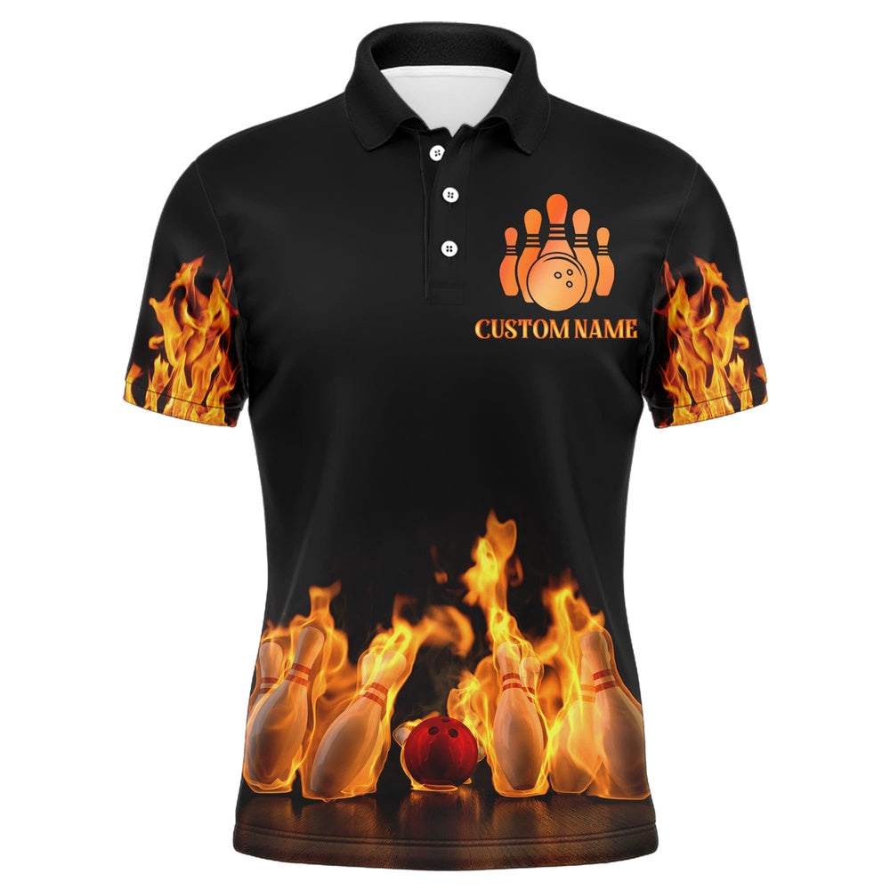 Custom Bowling Polo Shirts, Custom Fire Bowling Shirt For Men, Flames Bowling Jersey With Name League Bowling Team Polo Shirt
