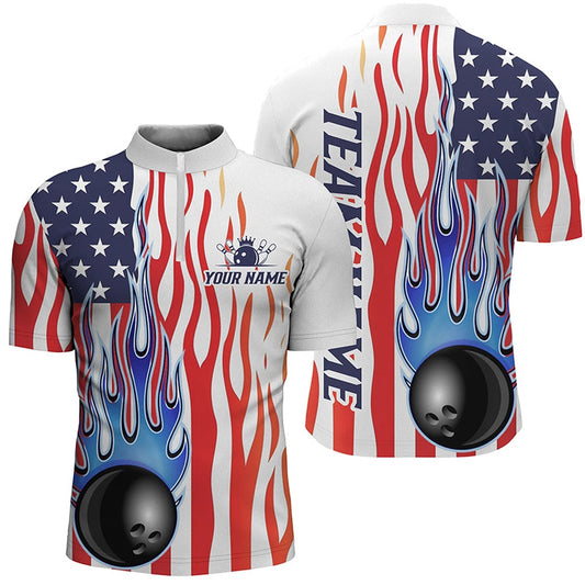 Custom Bowling Polo Shirts, Custom Flame American Flag Bowling Shirt For Men, Patriotic Bowling Uniform Bowling League Shirts