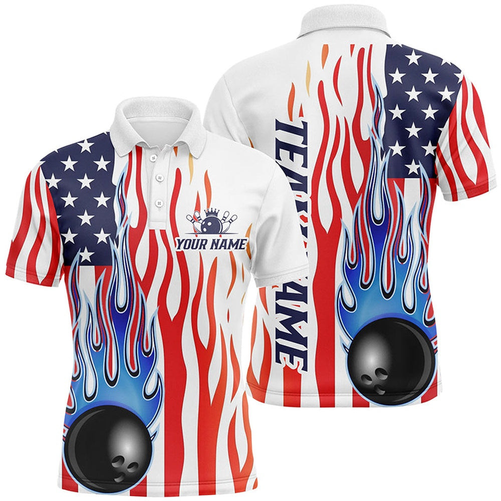 Custom Bowling Polo Shirts, Custom Flame American Flag Bowling Shirt For Men, Patriotic Bowling Uniform Bowling League Shirts
