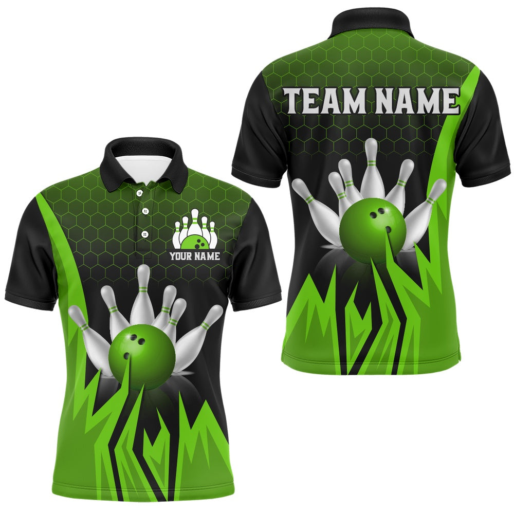Custom Bowling Polo Shirts, Custom Flame Bowling Polo Shirts For Men & Women Green Bowling Team Jersey