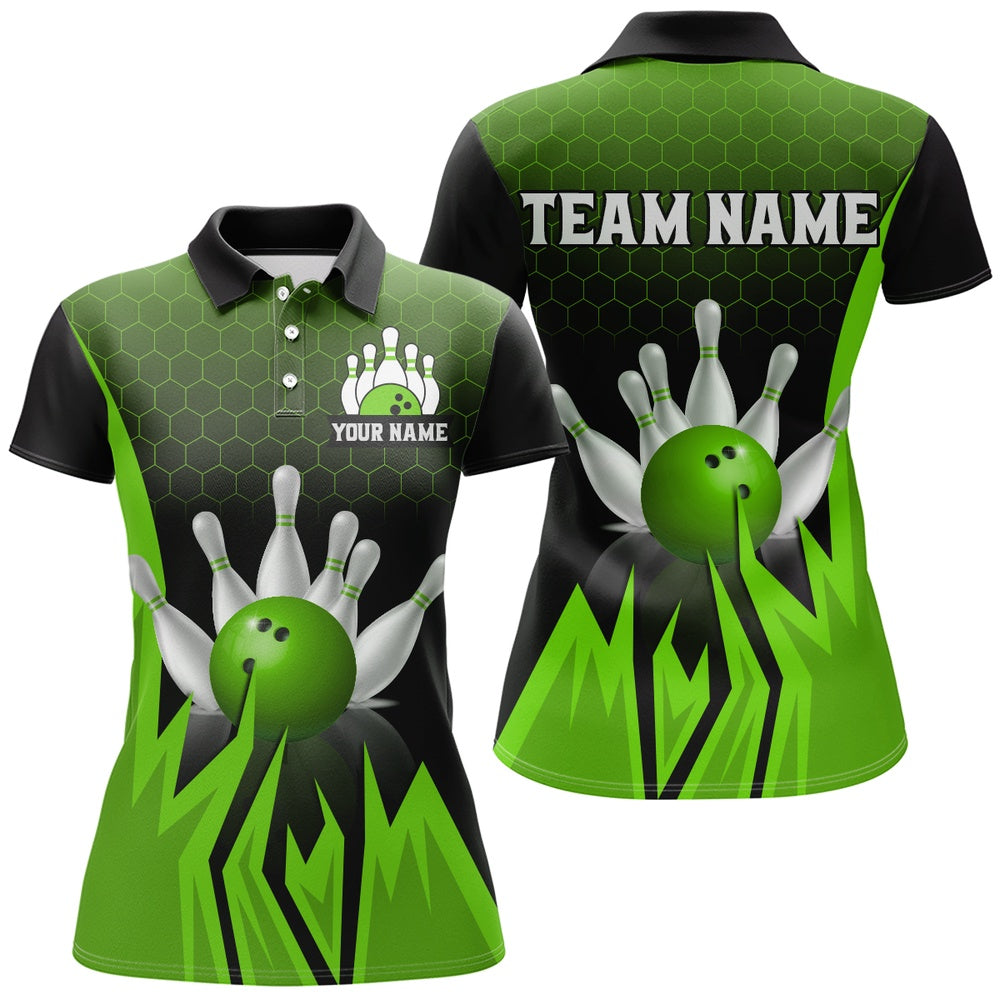 Custom Bowling Polo Shirts, Custom Flame Bowling Polo Shirts For Men & Women Green Bowling Team Jersey