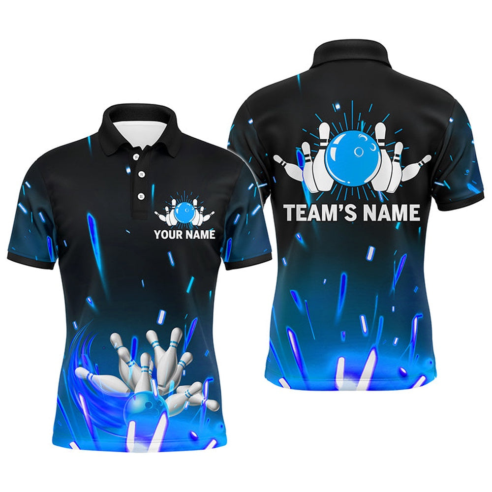 Custom Bowling Polo Shirts, Custom Flame Bowling Shirt For Men, Polo Short Sleeve Blue Bowling Shirt For Team Bowlers Jersey