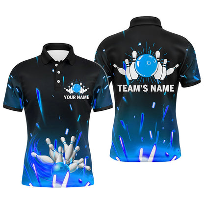 Custom Bowling Polo Shirts, Custom Flame Bowling Shirt For Men, Polo Short Sleeve Blue Bowling Shirt For Team Bowlers Jersey