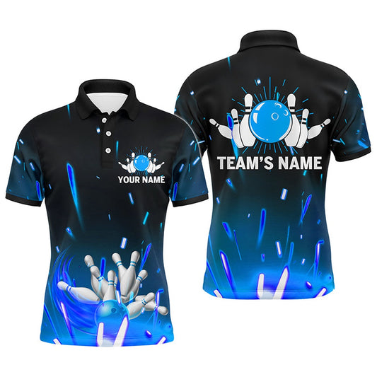 Custom Bowling Polo Shirts, Custom Flame Bowling Shirt For Men, Polo Short Sleeve Blue Bowling Shirt For Team Bowlers Jersey