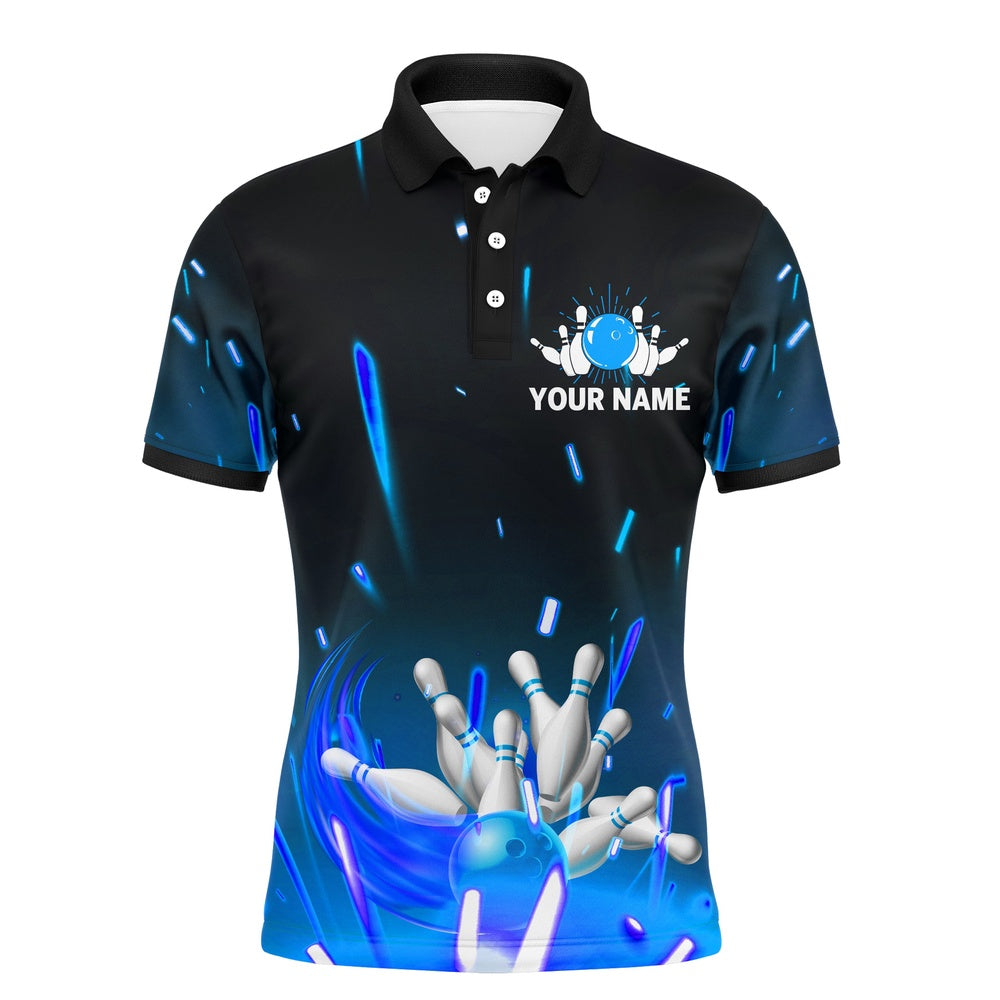 Custom Bowling Polo Shirts, Custom Flame Bowling Shirt For Men, Polo Short Sleeve Blue Bowling Shirt For Team Bowlers Jersey