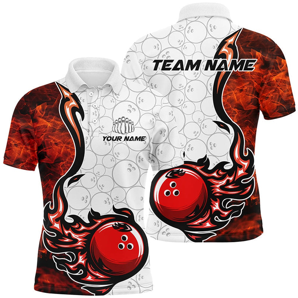 Custom Bowling Polo Shirts, Custom Flame Bowling Shirts For Men Bowling Ball Pattern Bowling Team Jerseys For Bowlers