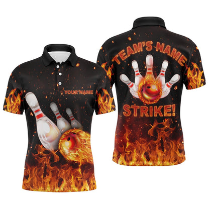 Custom Bowling Polo Shirts, Custom Flames Bowling Shirt For Men, Strike Polo Bowling Shirt For Team, Men'S Fire Bowling Jersey