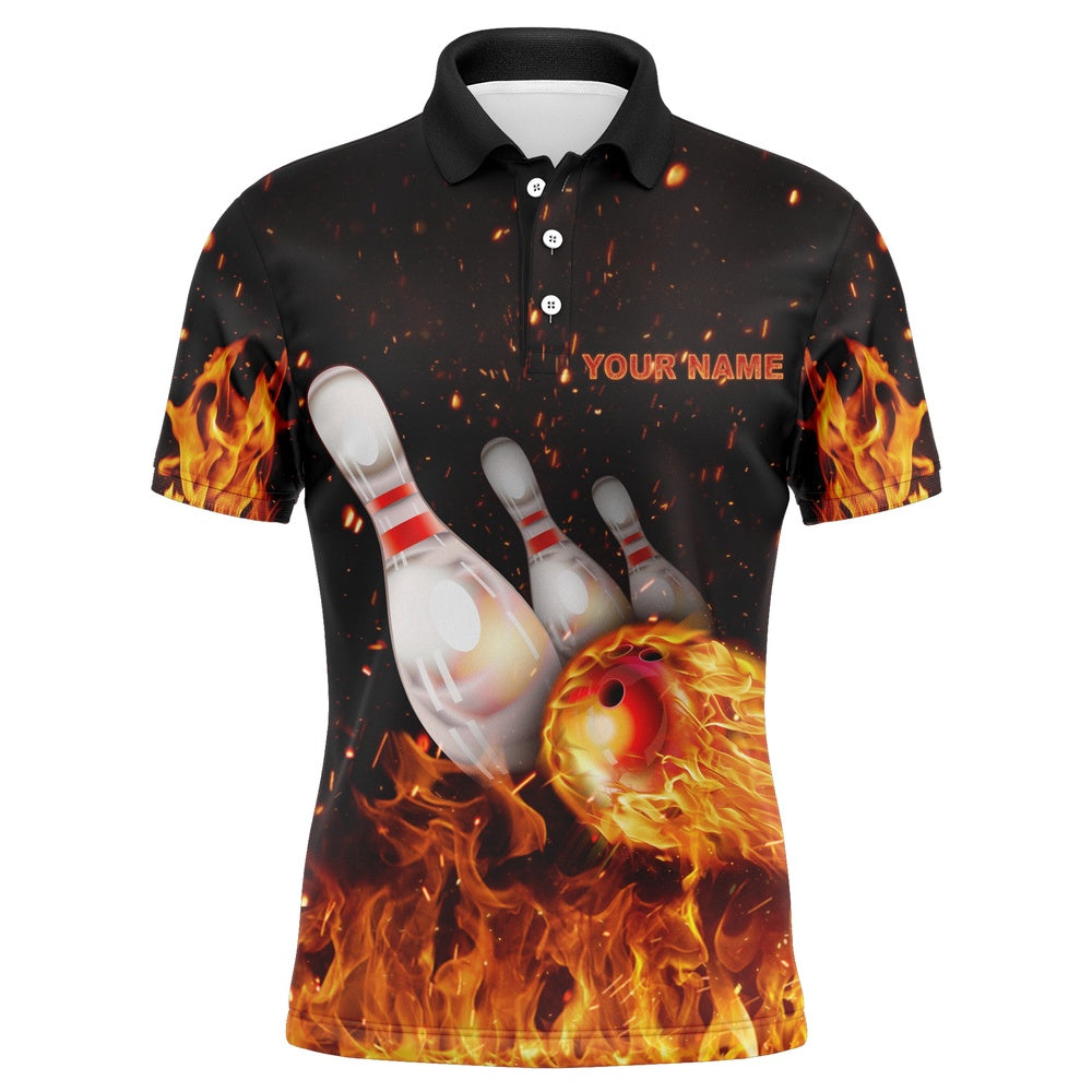 Custom Bowling Polo Shirts, Custom Flames Bowling Shirt For Men, Strike Polo Bowling Shirt For Team, Men'S Fire Bowling Jersey
