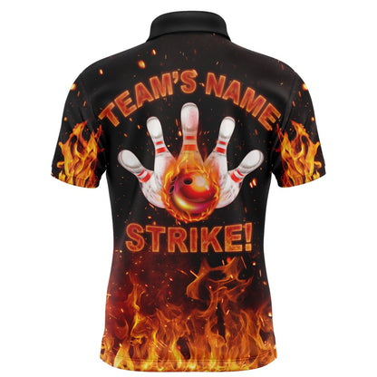 Custom Bowling Polo Shirts, Custom Flames Bowling Shirt For Men, Strike Polo Bowling Shirt For Team, Men'S Fire Bowling Jersey