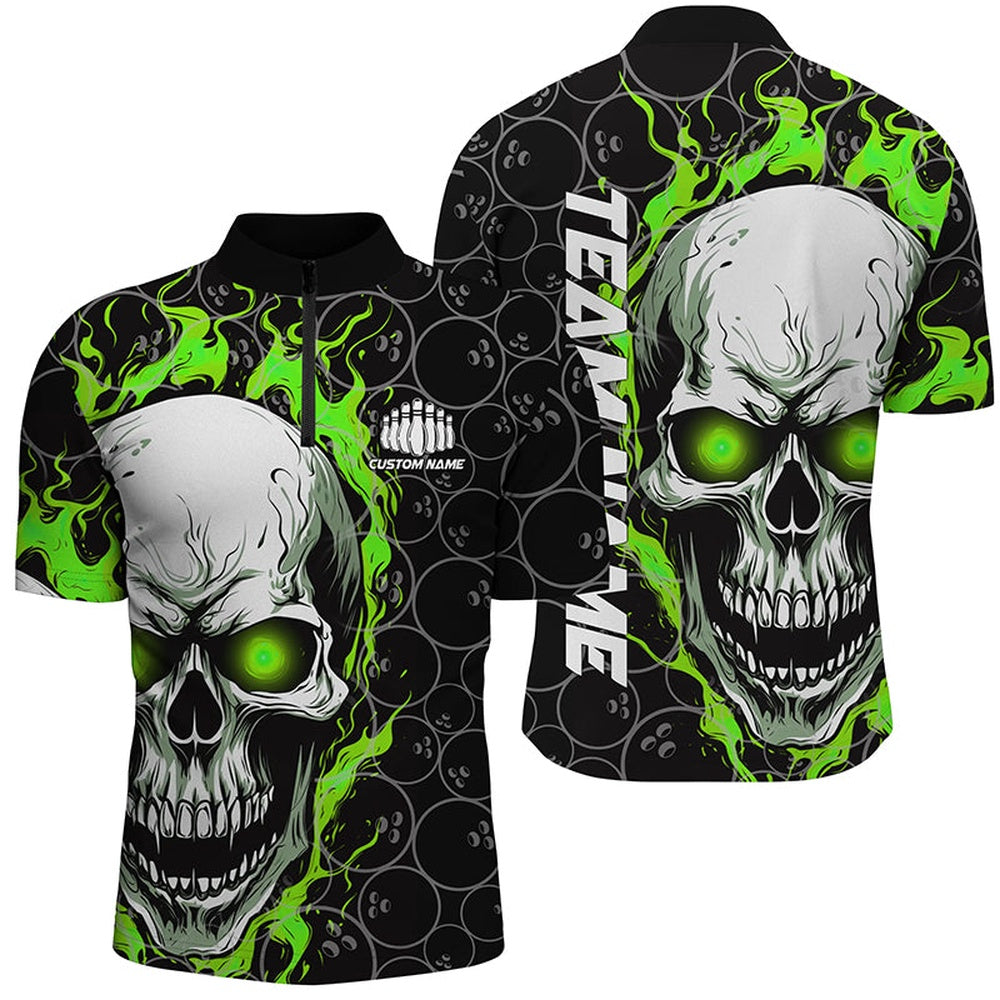 Custom Bowling Polo Shirts, Custom Flaming Skull Team Bowling Shirts For Men, Halloween Bowling Jerseys Green