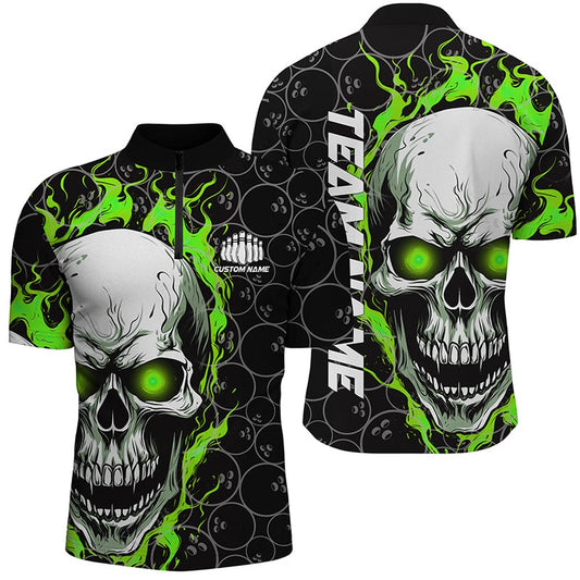 Custom Bowling Polo Shirts, Custom Flaming Skull Team Bowling Shirts For Men, Halloween Bowling Jerseys Green