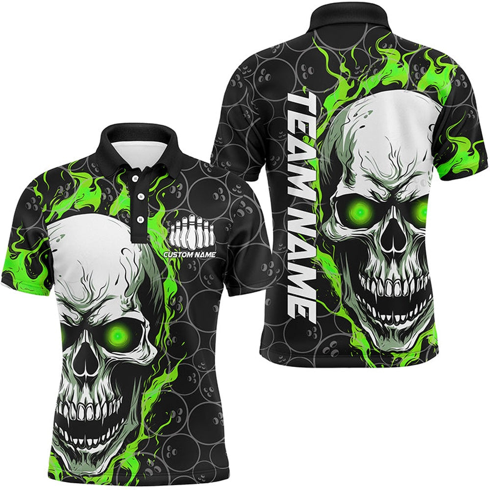 Custom Bowling Polo Shirts, Custom Flaming Skull Team Bowling Shirts For Men, Halloween Bowling Jerseys Green