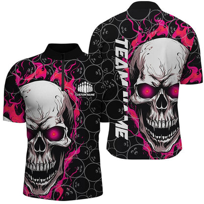Custom Bowling Polo Shirts, Custom Flaming Skull Team Bowling Shirts For Men, Halloween Bowling Jerseys Pink