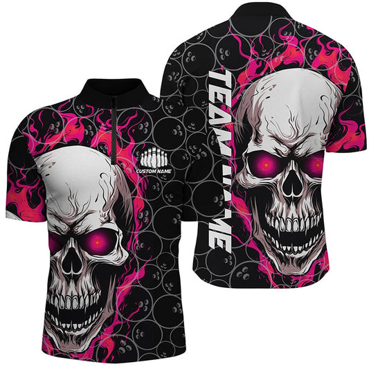 Custom Bowling Polo Shirts, Custom Flaming Skull Team Bowling Shirts For Men, Halloween Bowling Jerseys Pink