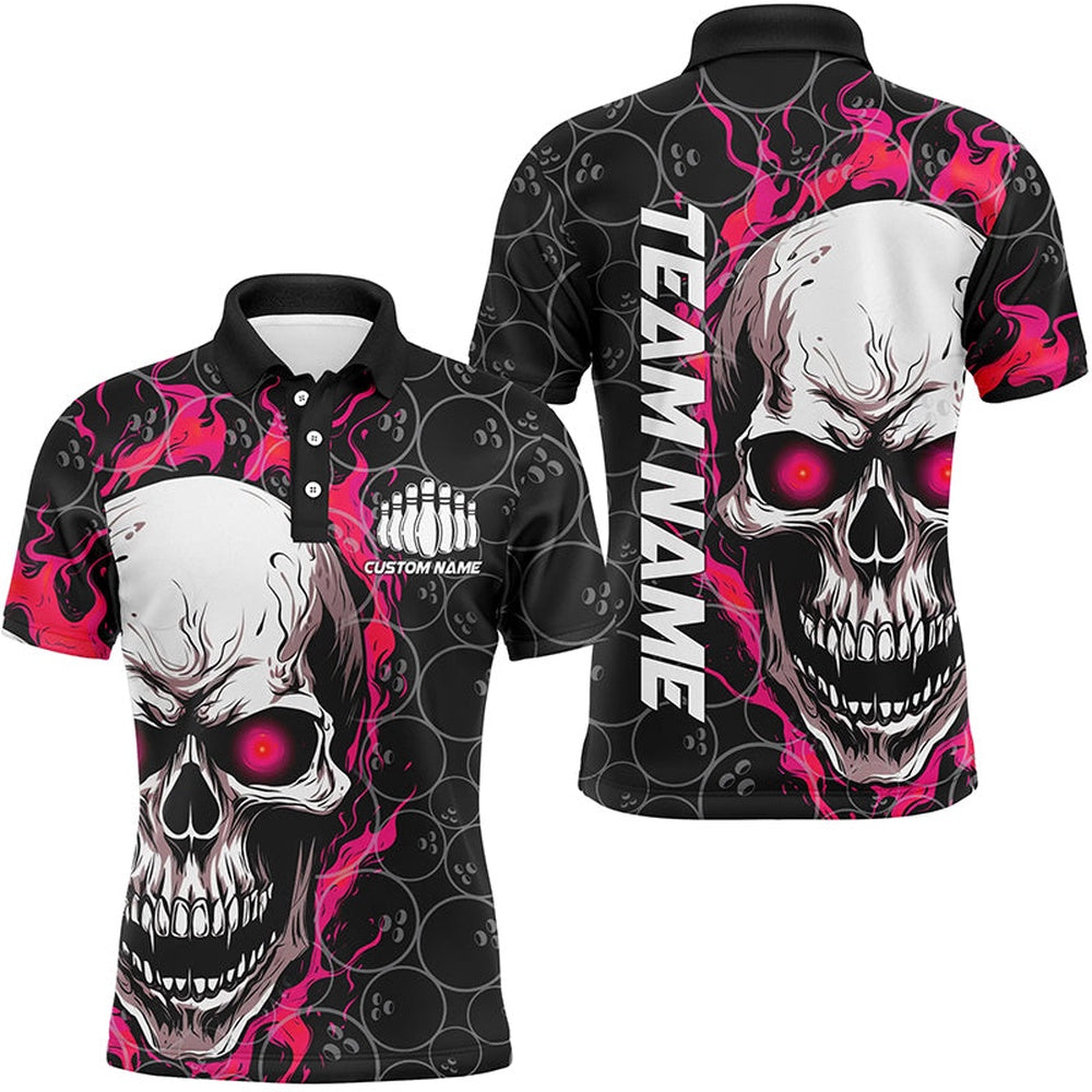 Custom Bowling Polo Shirts, Custom Flaming Skull Team Bowling Shirts For Men, Halloween Bowling Jerseys Pink