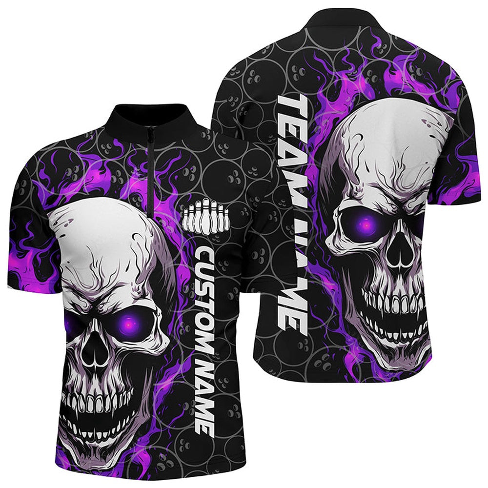 Custom Bowling Polo Shirts, Custom Flaming Skull Team Bowling Shirts For Men, Halloween Bowling Jerseys Purple