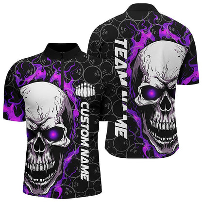 Custom Bowling Polo Shirts, Custom Flaming Skull Team Bowling Shirts For Men, Halloween Bowling Jerseys Purple