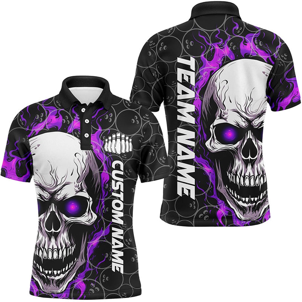 Custom Bowling Polo Shirts, Custom Flaming Skull Team Bowling Shirts For Men, Halloween Bowling Jerseys Purple